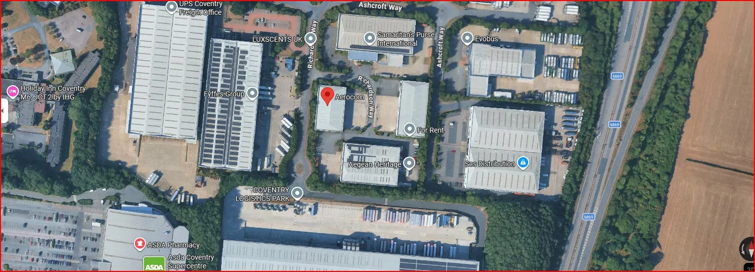Aerial view of Crosspoint Business Park, Coventry – home of Aerocom Metals